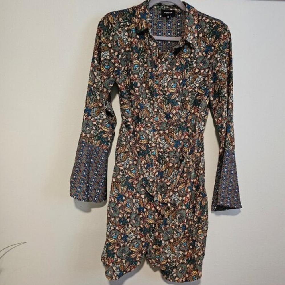 Heyson Floral Print Mini Dress With Bell Sleeves, Small